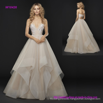 Low Keyhole Back Spaghetti Strap and Cascading Tulle Skirt with Horsehair Trim Wedding Dress